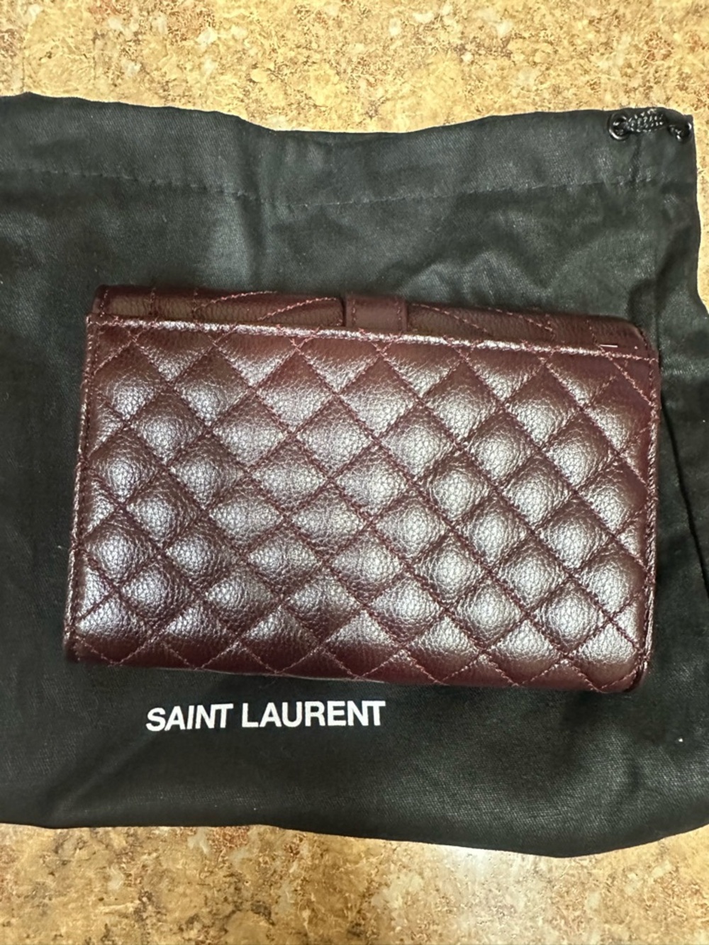 Saint Laurent Quilted Chevron & Diamond Wallet in Burgundy with Gold YSL - Picture 5 of 16